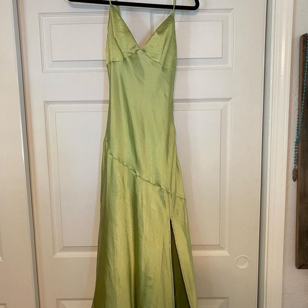 Green satin maxi dress with slit